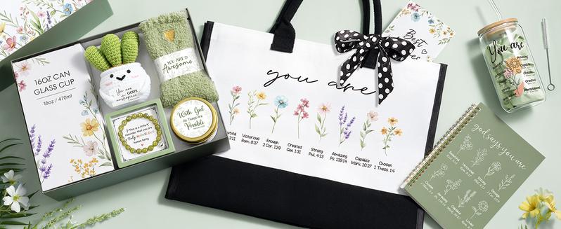 Mayicivo Christian Christmas Gifts for Women, Religious Faith Gift Set with Canvas Tote Bag, Inspirational Spiritual Gifts for Mom, Sister, Wife, Grandma, Best Friend Basket