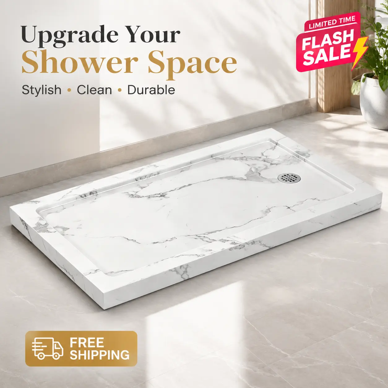 KPUY White Marble Look Shower Base Pan (48"-60" l x 32"-36" w), Carrara White, Reversible Install, Slip-Proof Design, Left or Right Shower Drain, Non-Integrated Flange, Easy to Clean