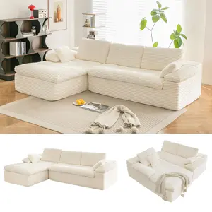 Aecojoy 110" L Shaped Modular Sectional Sofa for Living Room, Cloud Boneless Couch with Fluffy Seat Cushion, Upholstered Floor Sofa, No Assembly Required, Corduroy futon