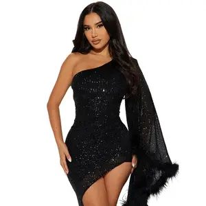 Glittery One-Shoulder Dress - Soft Bodycon Design with Sequin Detail, Black Color, Perfect for Formal Occasions