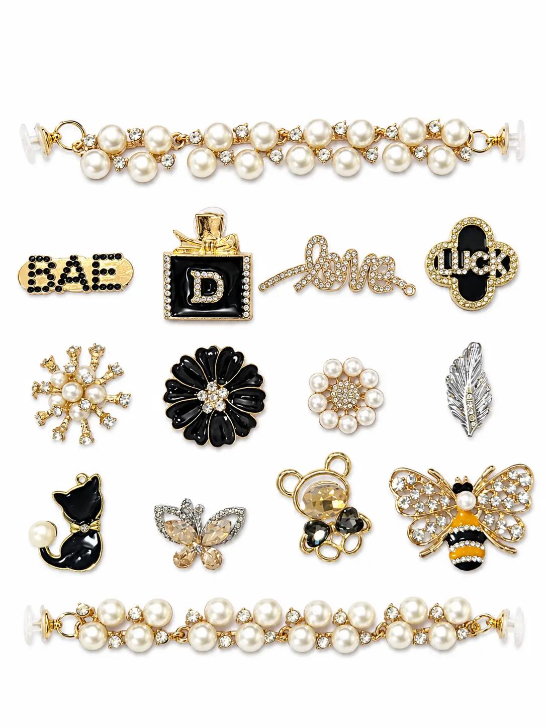 14PCS Pearl Shoe Charms Set with 2 Gold Pearl Shoe Chains, Rhinestone Clog Charms, Bee Cat Butterfly Love Luck BAE Shoe Decoration Accessories for Clogs Sandals Women