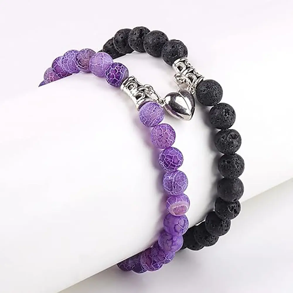 Set Of 2 Couples Bracelet Magnetic Healing Natural Bead Stone Stretch Bracelet Unisex Anniversary, Friendship, Valentine, Christmas Gift