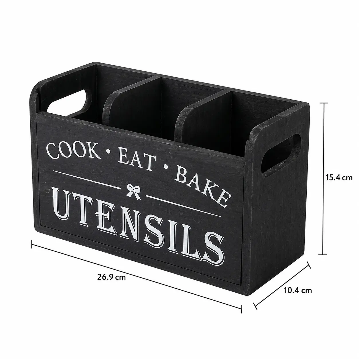 Wooden 3-Compartment Kitchen Utensil Holder - Organizer Storage Solution, Countertop Storage Caddy, Farmhouse Rustic Home Organizer for Cooking Tools, Multifunctional Storage
