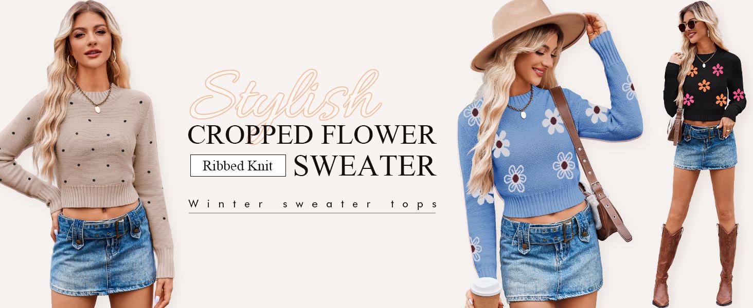 Women's Fall Crewneck Cropped Sweater Trendy Long Sleeve Ribbed Knit Pullover Jumper Tops