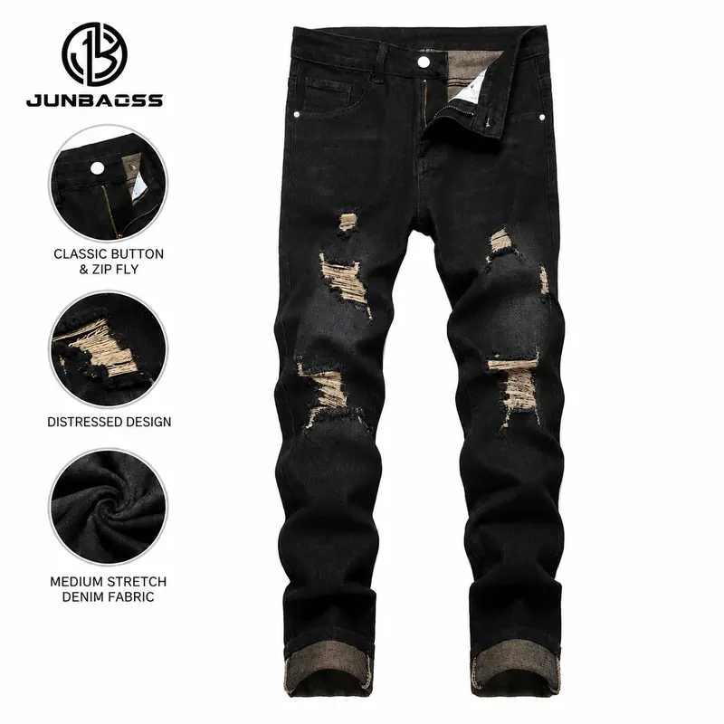 JUNBAOSS Men's Slim Fit Stretch Jeans Colored Ripped Jeans for Men, Casual Fashion Straight Leg Comfort Flex Waist Skinny Denim Pants, Menswear Trouser Streetwear Motocross Jeans with Plain Pockets #SohoChic