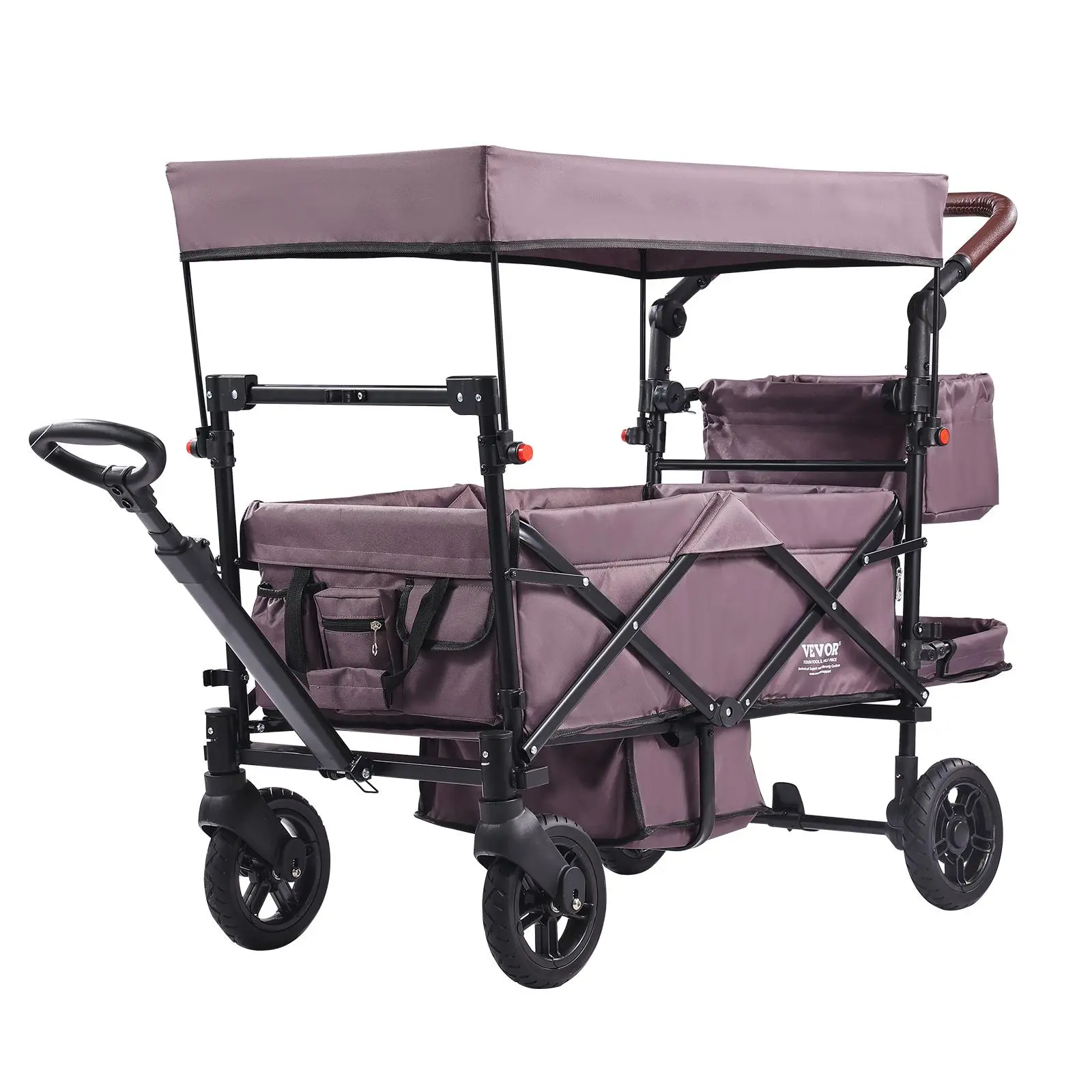 【Summerfinds】VEVOR Wagon Stroller for 2 Kids,  Push Pull Quad Collapsible Stroller with Adjustable Handle, Encircling Harness Removable Canopy, 4 Wheels with Brakes, Mutifunction Tandem Stroller for Camping