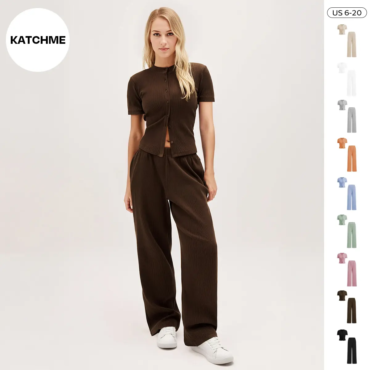Katch Me Chic(US/CN)Women's Casual Solid Color Button-Up Short Sleeve Top & Wide Leg Trousers Co-ord, Comfy Two Piece Outfits, Basic Summer Womenswear