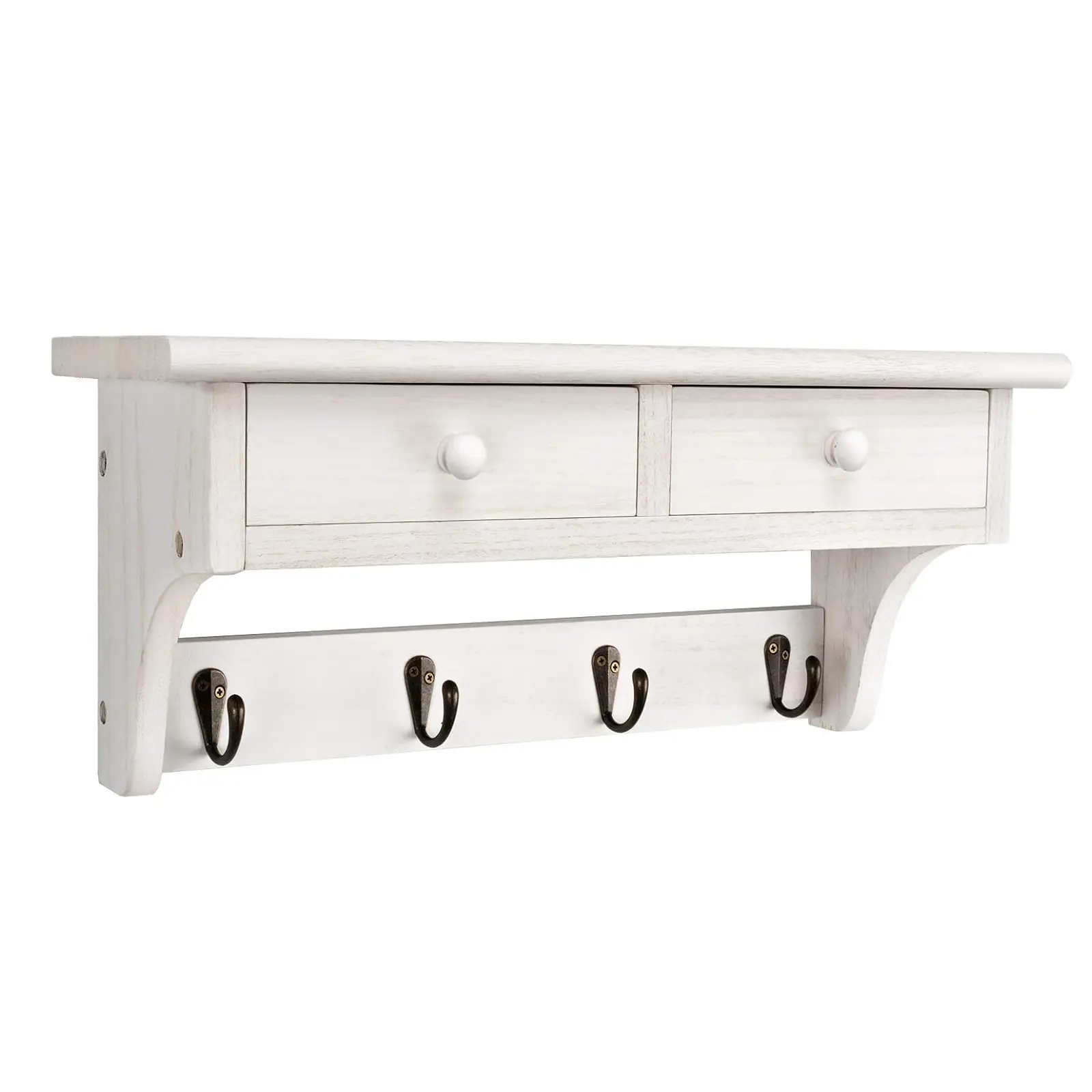 Wall Mounted Coat Rack with Shelf for Entryway, Rustic Wood Coat Hooks, Farmhouse Floating Wall Shelf with Metal Hooks for Hats, Bags, Keys, Towels, Dog Leash, Bedroom, Mudroom, Bathroom, White, 17 Inch, Home Supplies, 1 Instruction Manual, 1 Paper Ruler