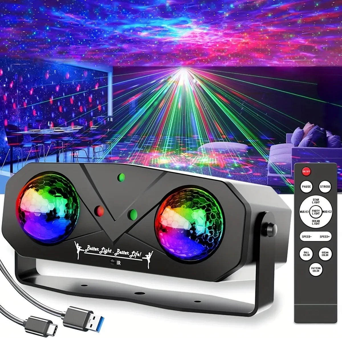 RGB Party Light Projector with Remote Control, Sound Activated Disco Ball Ocean Wave Starry Light, USB Powered DJ Light for Bedroom Game Room Birthday Home Party Decor