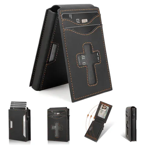 2026 Upgraded Men's Leather Wallet - RFID Blocking Slim Profile Wallet with 6-9 Card Capacity, Press Button Pop-Up Case, Card Security Feature, Mens Gifts