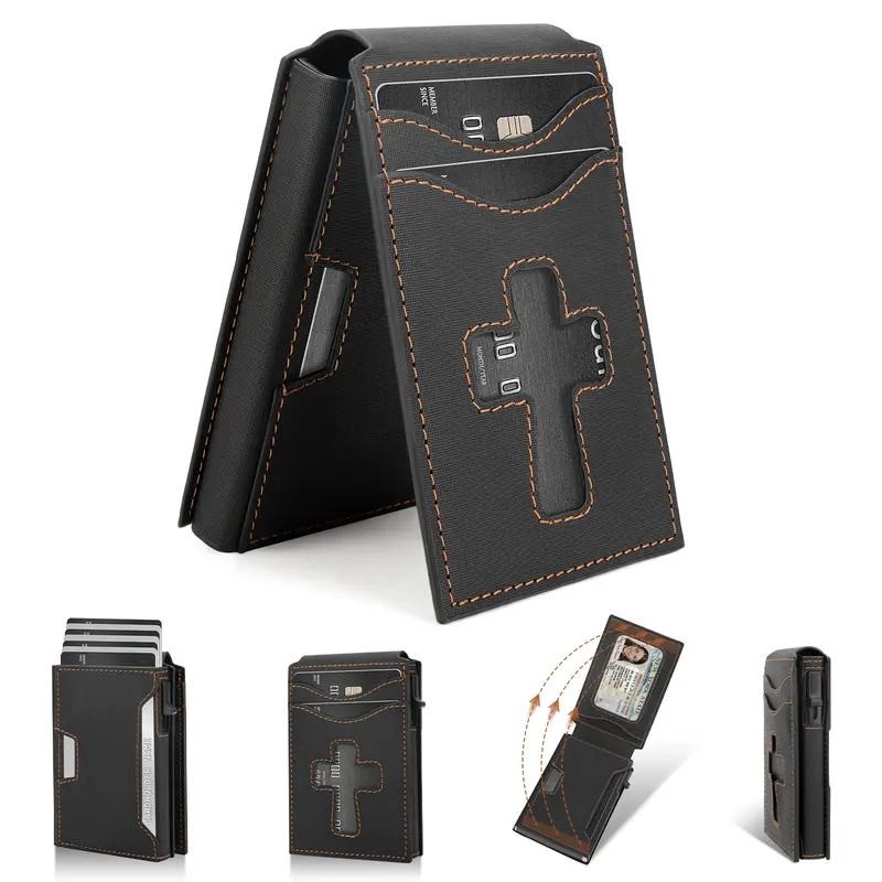 2026 Upgraded Men's Leather Wallet - RFID Blocking Slim Profile Wallet with 6-9 Card Capacity, Press Button Pop-Up Case, Card Security Feature, Mens Gifts