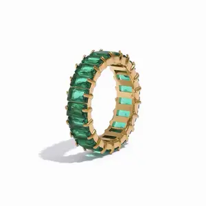Emerald Eternity Band Ring - Baguette CZ Stone Ring - Waterproof - Anti-tarnish