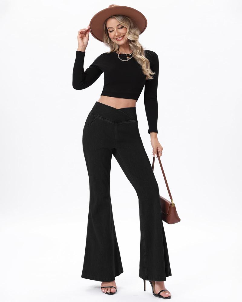 Bell Bottom Jeans for Women High Waisted Stretchy Flare Jeans Pull On Wide Leg Jean Woman V Cross Flare Leggings Pants