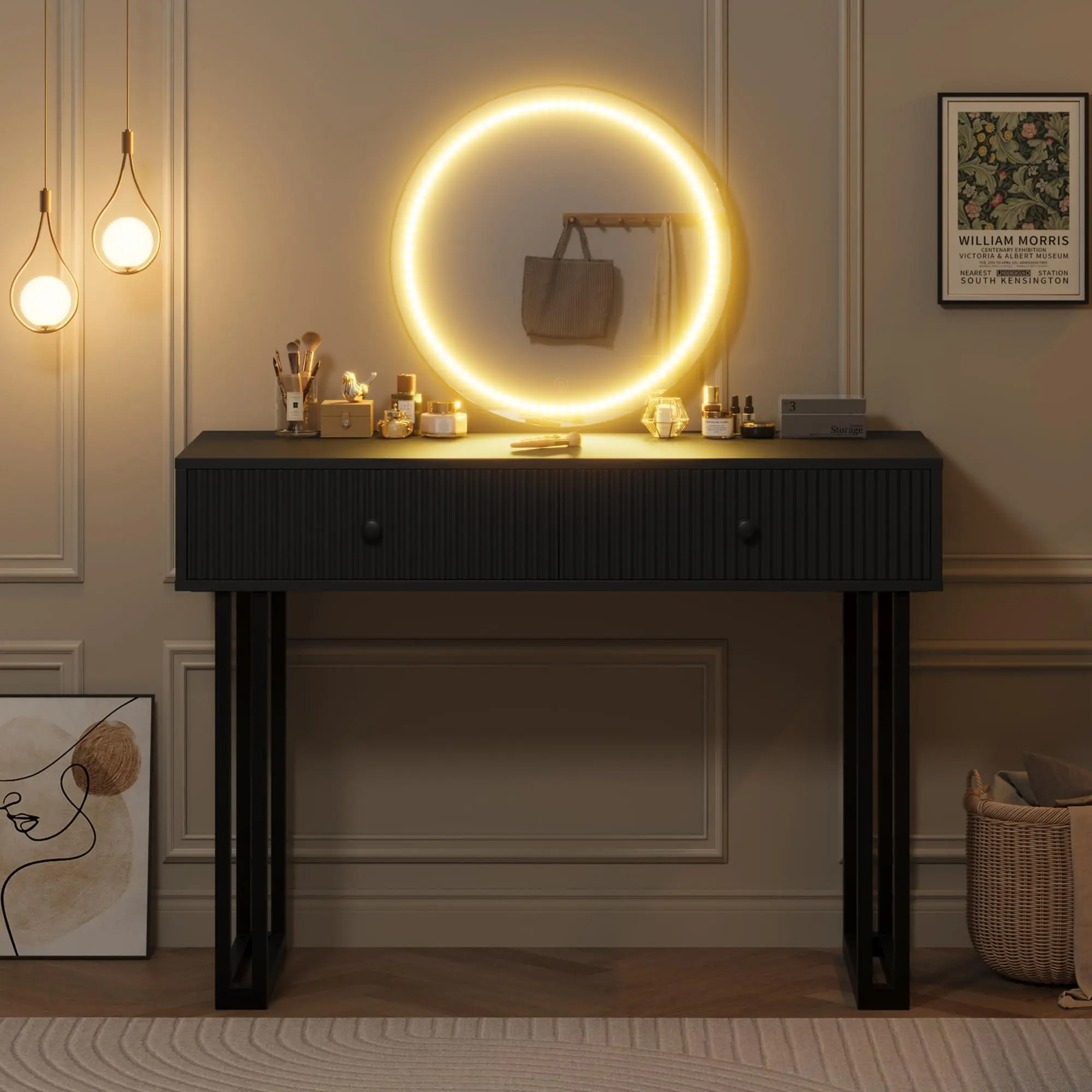 Gaomon Black Vanity Desk with Mirror and Lights - Small Modern Dressing Table for Bedroom, 2-Drawer Vanity Organizer with 3 Color Lights & Adjustable Brightness