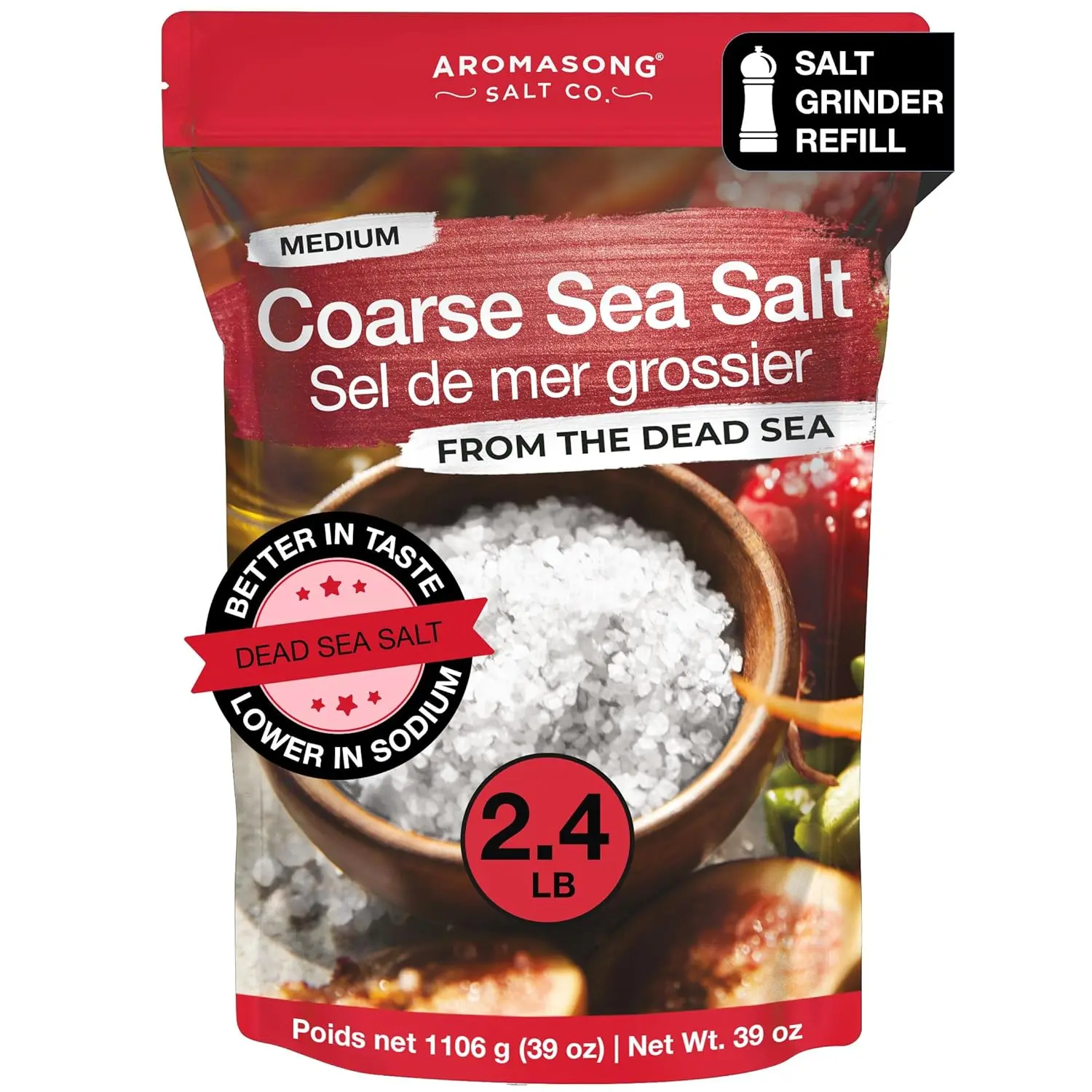 Aromasong Dead Sea Coarse Grain Pure Mineral Sea Salt - 2.43 Lbs, 100% Natural Unrefined Non Iodized Lower Reduced Sodium No Preservatives for Cooking & Seasoning, Salty Savory Enhanced Flavor