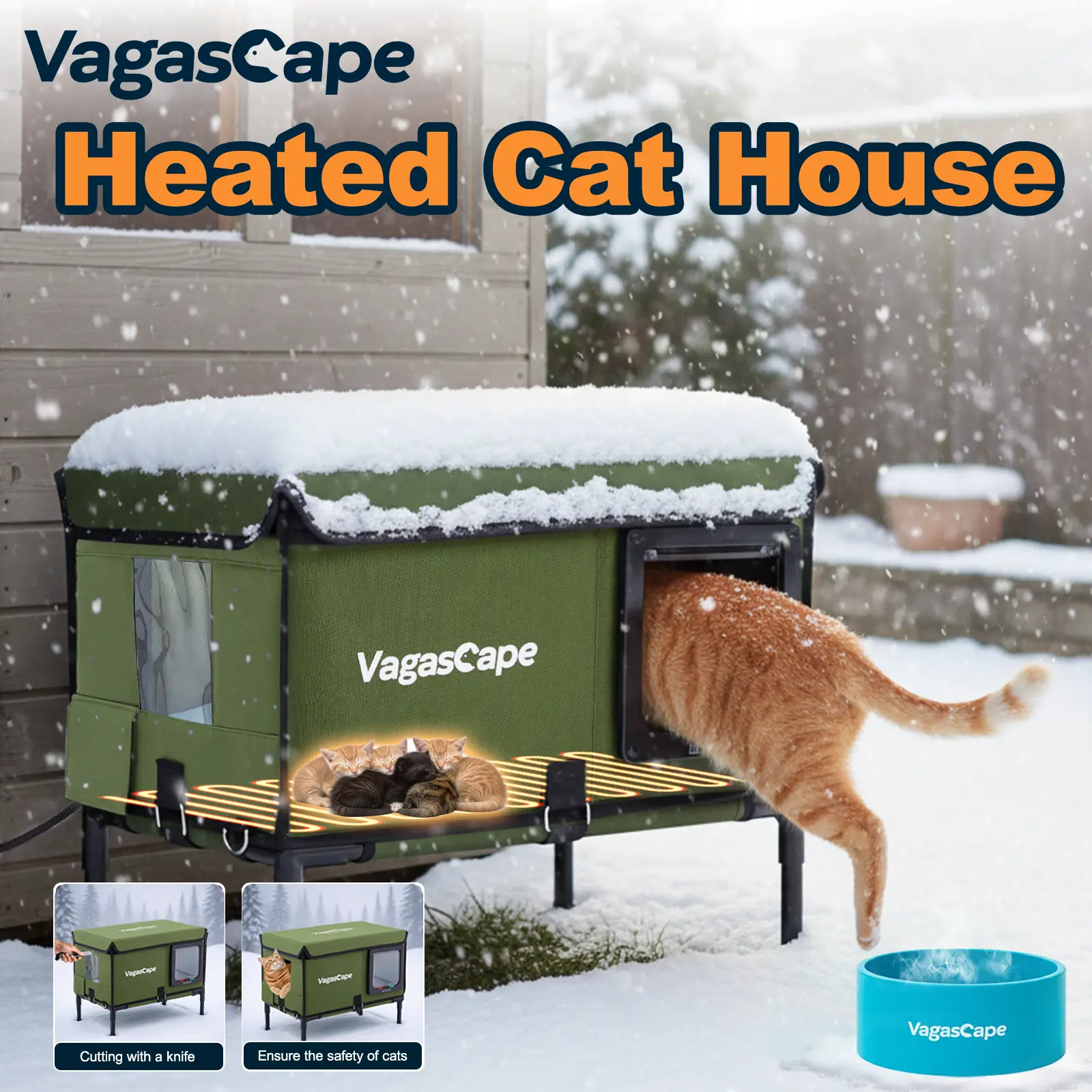【Limited】Vagascape Heated Outdoor Cat House Combo Set, Heated Bowl, 3s Quick Warm-Energy-Saving, Thermostat-Overheat Protection Auto Shutoff, Waterproof Insulated Elevated, 12mm Fiberglass Frame, Escape Door-Window, UL-Tested Heating Core, BPA-Free Ma, Lo