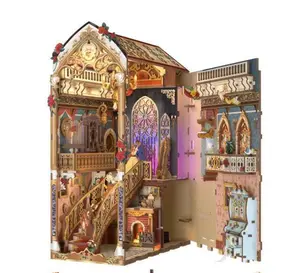 DIY Enchanted Rose Library Kit – Wooden Miniature Book Nook with LED Lights, Unique Holiday Gift for Adults