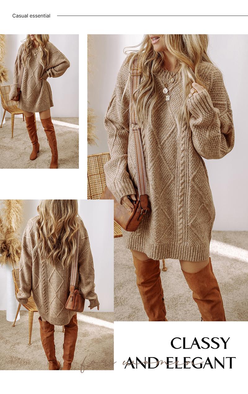 Asvivid 2026 Spring Clothes For Women Cable Knit Dresses Drop Shoulder Casual Loose Fit Long Sleeve Sweater Dress for Autumn/Winter Knitwear