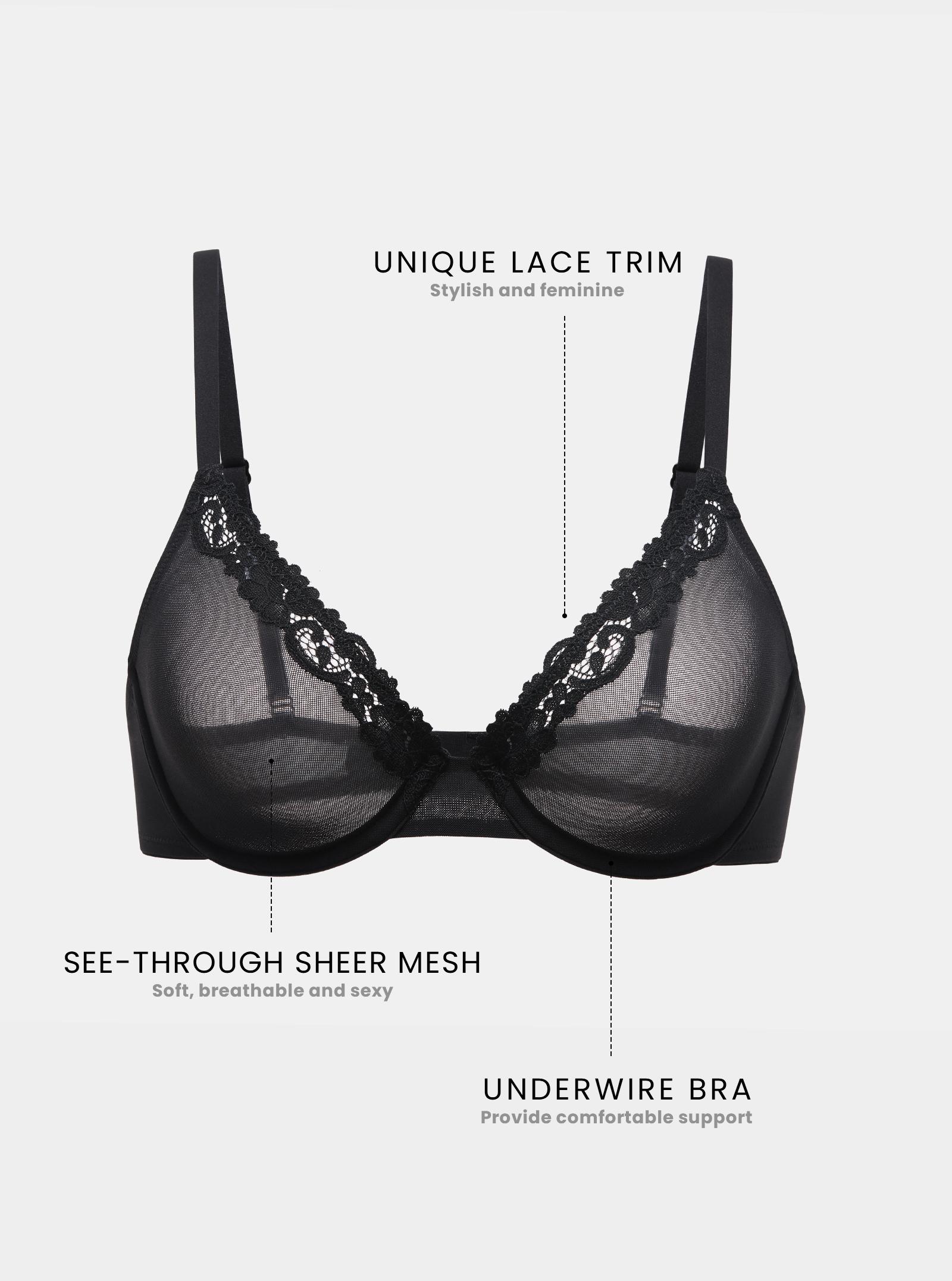 DOBREVA Women's Mesh Balconette Bra Sheer Demi Underwire Unlined Sexy Plus Size Plunge Bras Lace Trim