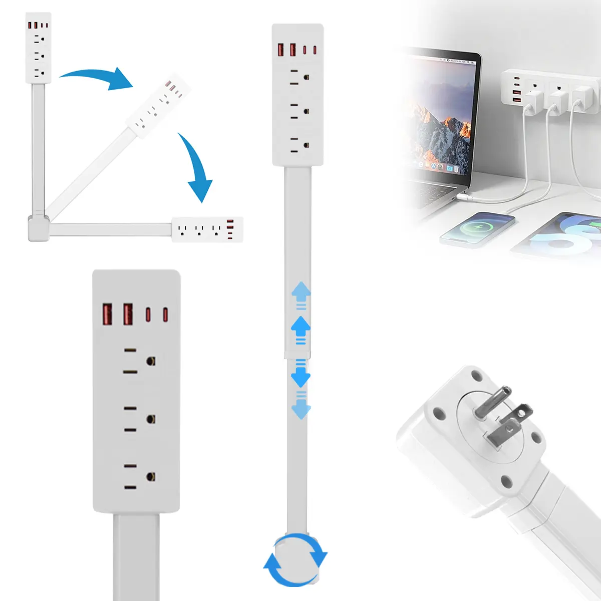 180° Rotatable Universal Multi-Port Wall-Mounted Outlet Extension Plugs - 3 AC, 2 USB-C, 1 USB-A Ports, 34" Cord, Into Wall Design, ETL Certified, Portable Charging Hub for Home, Office (Home Improvement Electrical Accessory), Multi-Port Wall-Mounted Plug