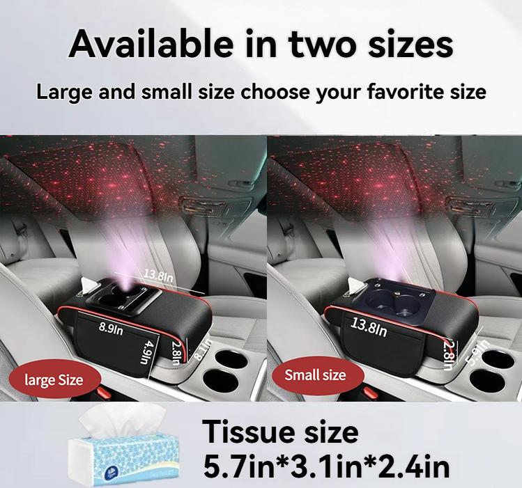 2026 New 5-in-1 Car Armrest Cushion with Height Extension Tissue Box and Storage Bag Starry Roof and Charging Function Memory Foam Central Console Armrest Pad for Car Interior