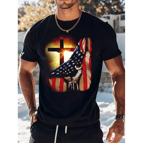 American Independence Day T-shirt the united states holiday gift for gifts the left is a shining black cross the right is a claw holding flag for black -1 tokwear Tee Menswear Top