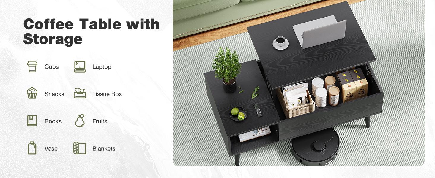 Modern Lift Top Coffee Table with Storage Shelf & Hidden Compartment for Living Room & Dining Room - Simple Style & Easy Assembly