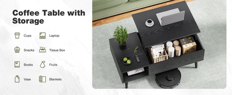 Modern Lift Top Coffee Table with Storage Shelf & Hidden Compartment for Living Room & Dining Room - Simple Style & Easy Assembly