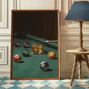 Vintage pool art - whiskey print, lucky 8 ball, masculine decor, pool ball, bar cart wall art, whiskey bar decor