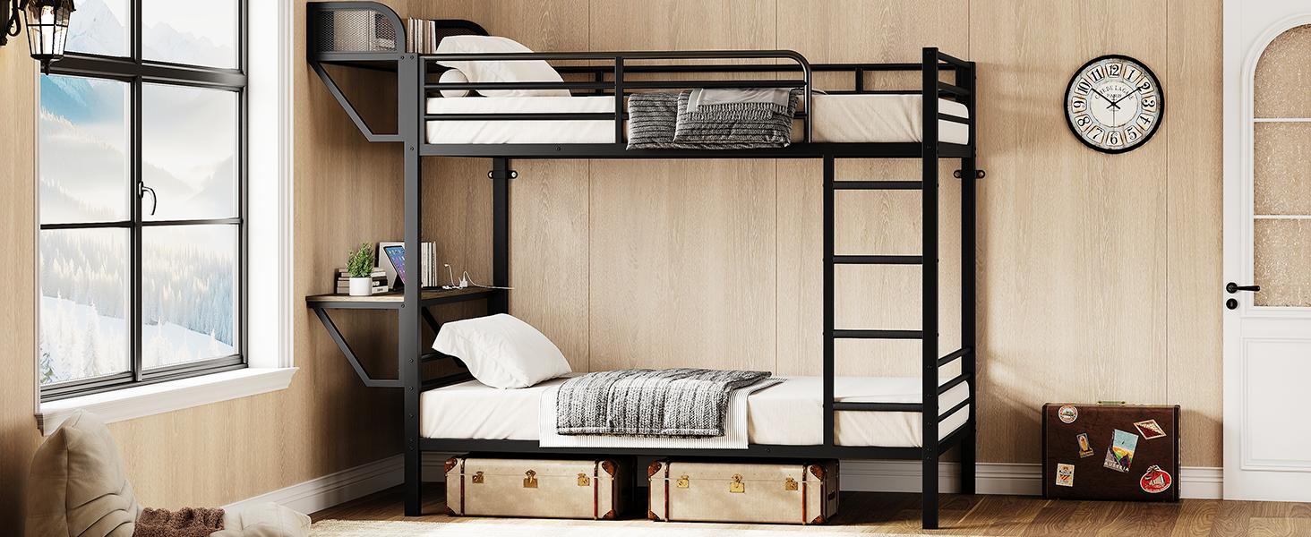 【SPOTLIGHT DAY】ONBRILL Bunk Bed Twin Over Twin, Bunk Beds with Power Desk & Outlet, Metal Bunkbeds Frame with Safety Guardrail & Ladders, Upper Bed with Storage Rack, Heavy-Duty
