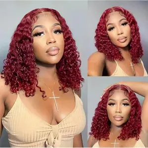 99j Burgundy Lace Front Wigs Human Hair 14 Inch 13x4 HD Curly  Wave Lace Front Glueless Wigs Human Hair Pre Plucked Red Curly Bob Wig Human Hair For Black Women 180% Density 14 Inch
