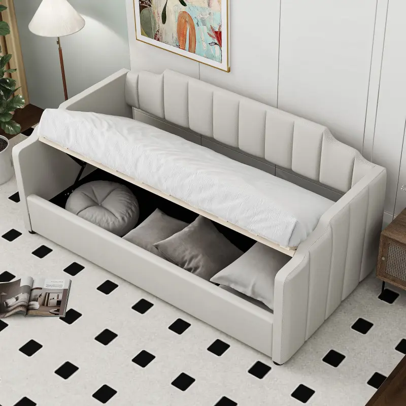 Upholstered Daybed with Underneath Storage,Twin/Full Size, Beige