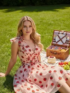 PINK 1950S STRAWBERRY MESH SWING DRESS Formal Womenswear