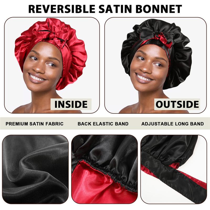 Double-Layer Solid Color Satin Bonnet Silk Like Texture Sleeping Cap for Women Curly Hair Wrap Adjustable Reversible with Tie Band Nightcap Bonnets