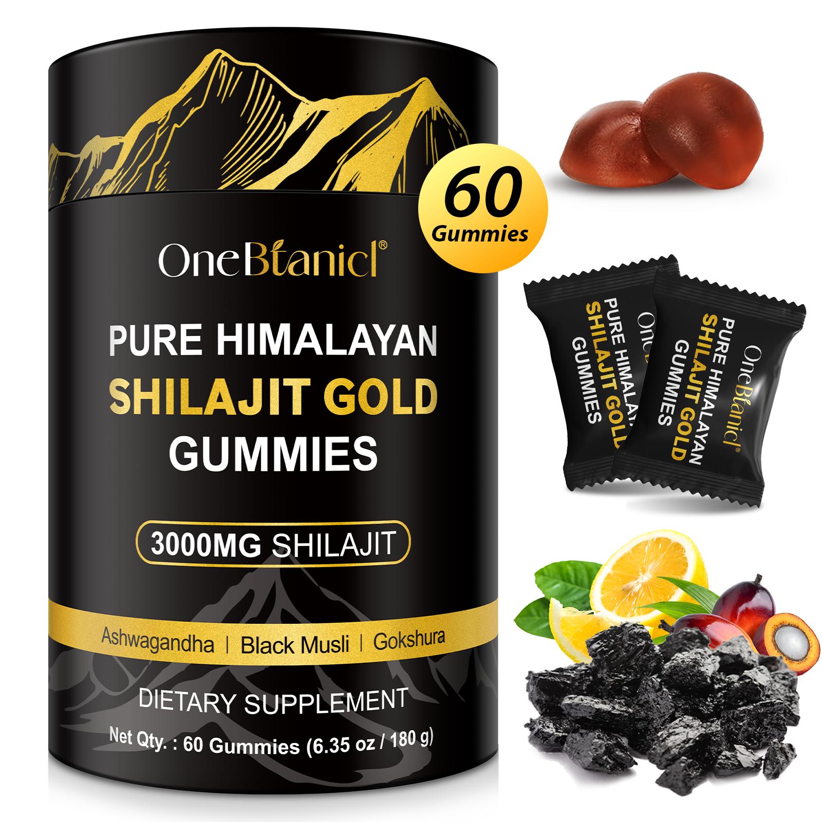 ONEBTANICL Pure Himalayan Shilajit Gold Gummies 3000MG Lab Tested No Sugar Added with Ashwagandha Gokshura & 85+ Trace Minerals 60 Count