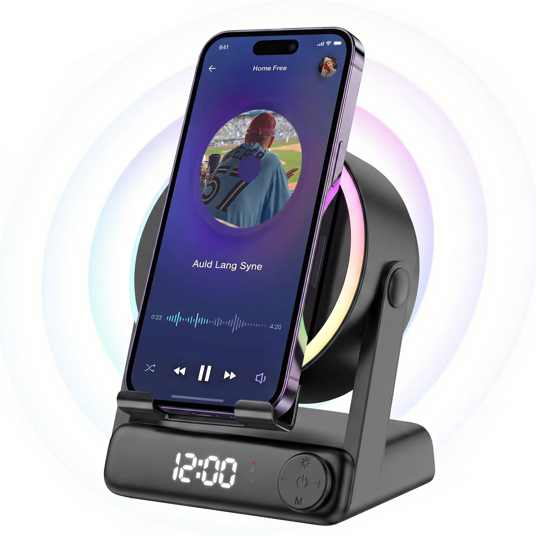 MFHHFM 5-in-1 Portable Bluetooth Speaker with Phone Stand, Induction Charging, Digital Alarm Clock, RGB Night Light, Mobile Amplifier Holder, Batteries Included for iPhone, Android & Tablets (Tech Gifts for Teens), Speaker Bluetooth