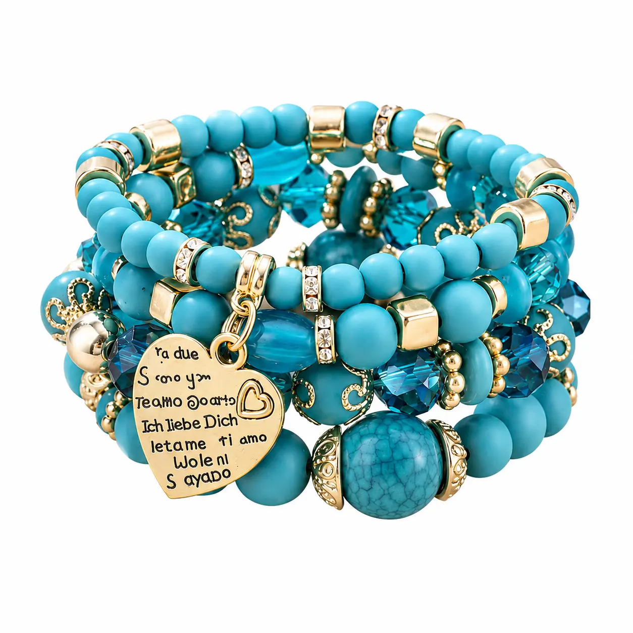 Boho Faux Turquoise Glass Bead Charm Bracelet Set - 4-Piece Stackable Love Heart Stretch Bracelets, Romantic Friendship Gift Jewelry for Beachwear & Everyday Wear, Charm Bracelets, Faceted Crystal