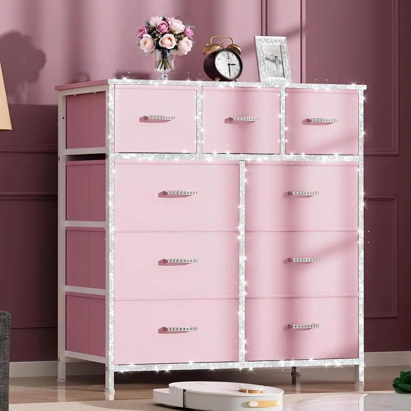 【Prime Day】Mr IRONSTONE 9 Drawer Dresser for Bedroom, Storage Organizer with 9 Drawers, Chest of Drawers with Fabric Bins, Sturdy Metal Frame, Wood Tabletop for Guest Room, Closet, Entryway, Nursery