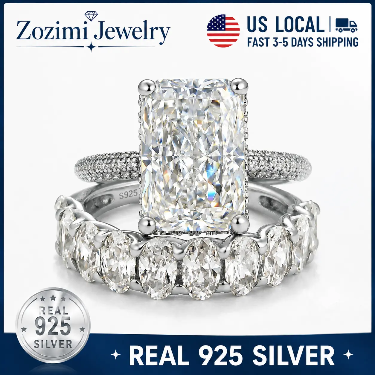 S925 Sterling Silver 4.Oct Elongated Radiant Cut Wedding Ring Set for Women, with Great 5A Cubic Zirconia, Bridal Ring Set for Wedding, banquet accessory Party, Travel,Daily Wear jewelry, Wedding Ring Sets, 925 Stamp Silver Rings