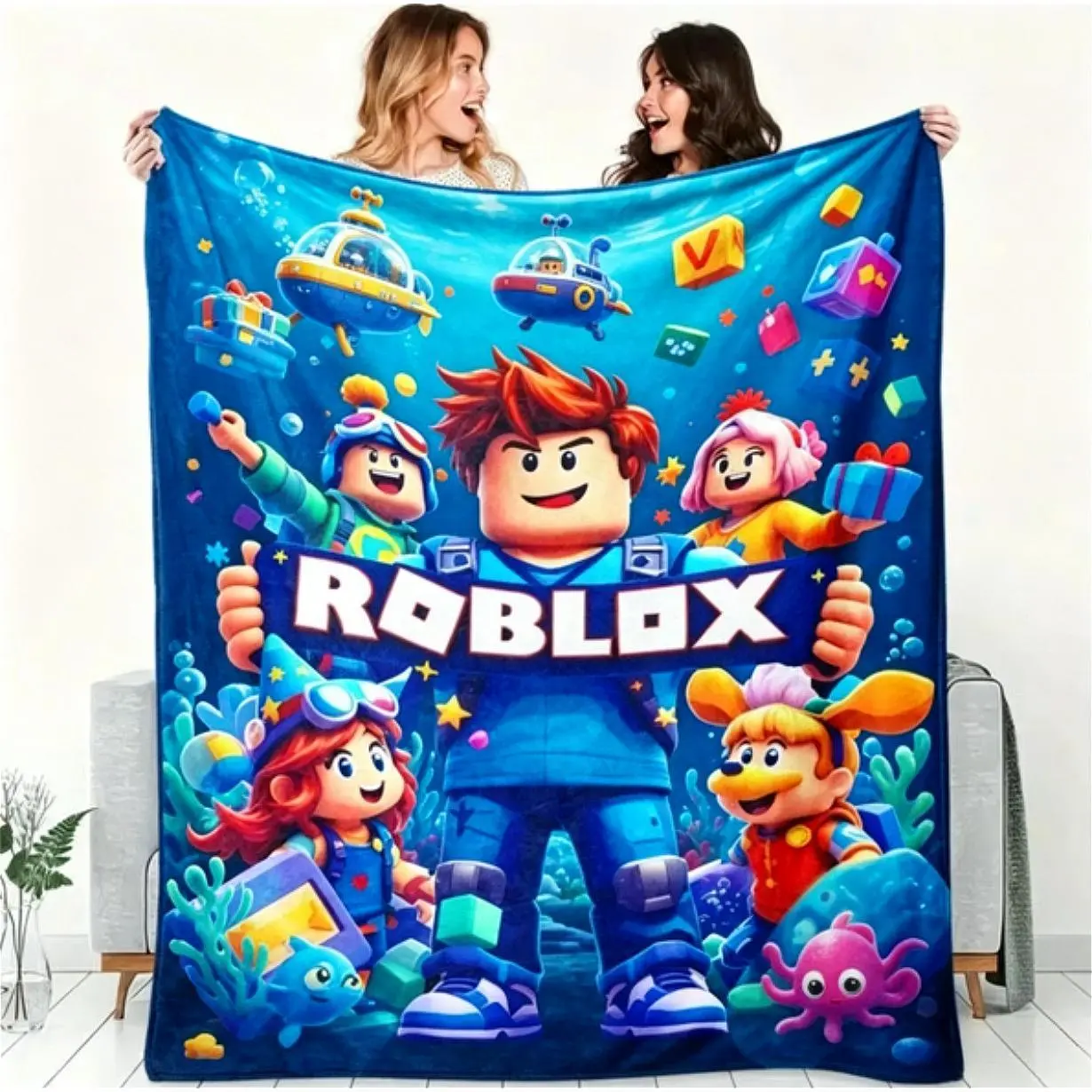 Roblox Gaming Flannel Blanket for Kids & Adults, Soft Breathable Block Design Cozy Throw Blanket, Ultra Warm Fleece Blanket for Bed Couch Sofa Game Room Dorm Decor, Gamer Birthday Graduation Christmas Holiday Gift for Boys Girls