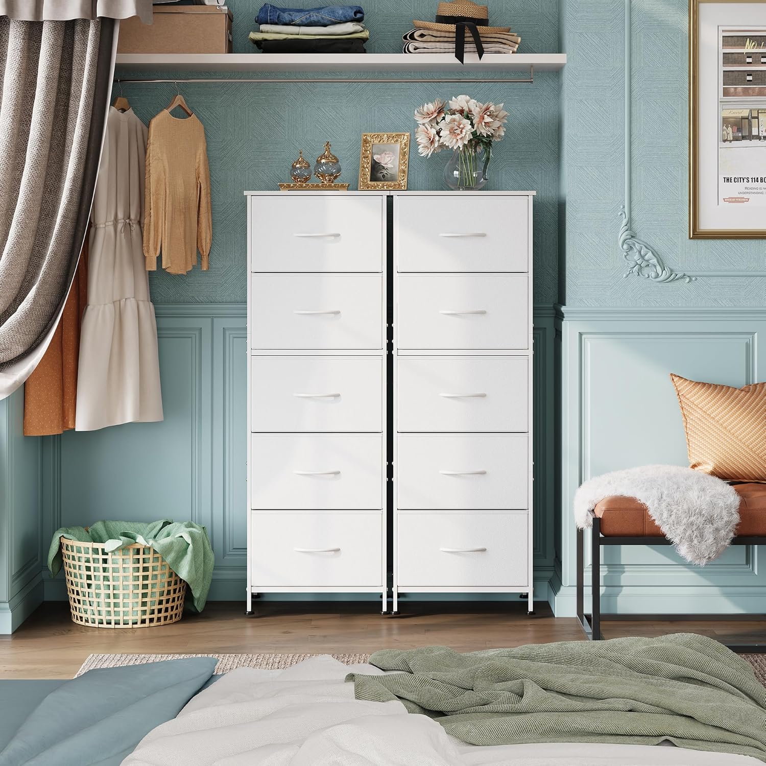 5 Drawer Fabric Dresser Tall Storage Tower with Wood Top Sturdy Metal Frame Large Capacity Chest of Drawers for Bedroom Closet or Hallway Available in Multiple Colors