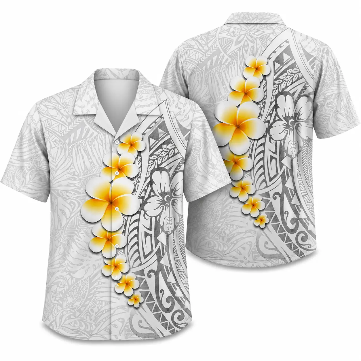 Polynesian Plumeria Hawaiian Shirt, Hawaiian Flower Aloha Shirt, Tribal Tattoo Button Up, White Tropical Beach Shirt, Maori Pattern Hawaiian Shirt, Island Style Vacation Shirt, Frangipani Floral Summer Shirt, Luau Party Shirt, Gift for Men Women