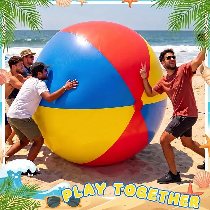 Extra-large inflatable balloon, giant inflatable beach ball. Rainbow-colored plastic toy, suitable for both kids and adults. Perfect for summer pool games, backyard fun, and beach parties.