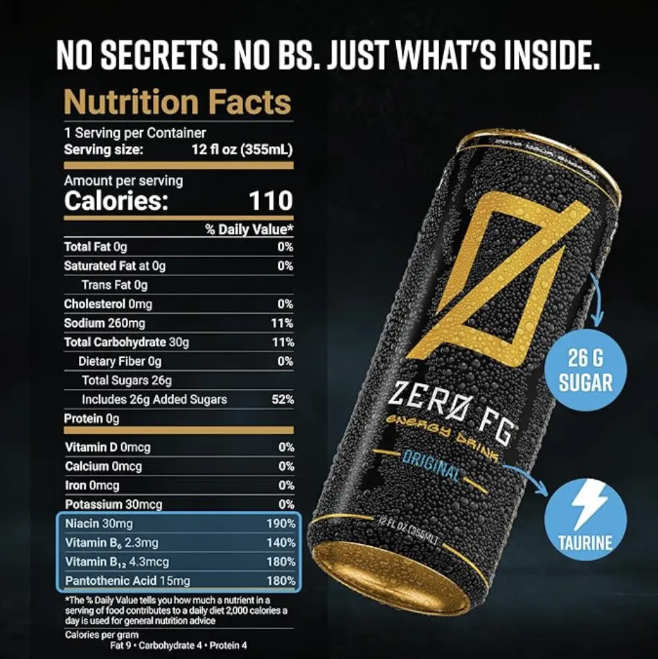 ZERO FG Energy Drink, 140mg Natural Caffeine from Green Tea Leaves ...