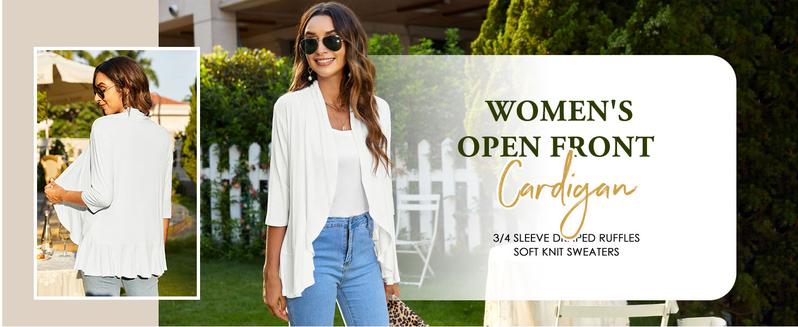 ZEAGOO Women's Open Front Cardigan 3/4 Sleeve Draped Ruffles Soft Knit Sweaters S-3XL