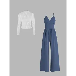 Two-piece Set Women's Solid Color Lettuce Trim Mock Neck Sheer Lace Top & Pocket Wide Leg Cami Jumpsuit, Elegant Fashion Casual Two Piece Outfits for Daily Outdoor Wear, Women Clothes for Spring Fall