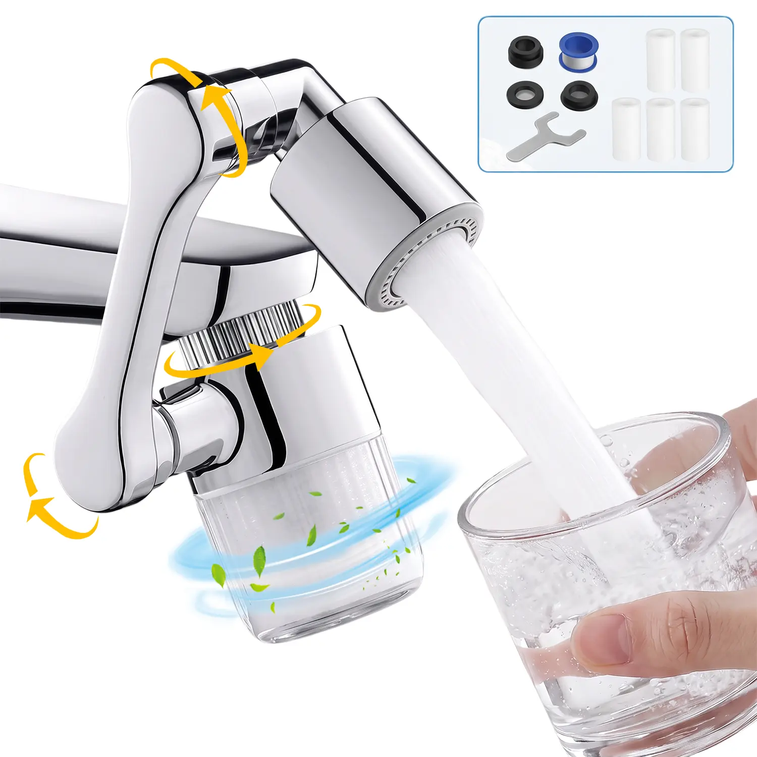 3D Swivel Filter Faucet Extender Aerator Set - 5PCS Sartridges Reduce Chlorine for Bathroom/Kitchen Skin Face Eye Wash,1080°+360°Rotating Robotic Arm 2 Mode Splash Filter