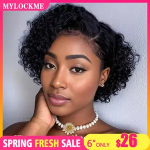 Short Curly Layered Human Hair Wig 13x1 T Part Lace Pixie Cut Wig Black Color