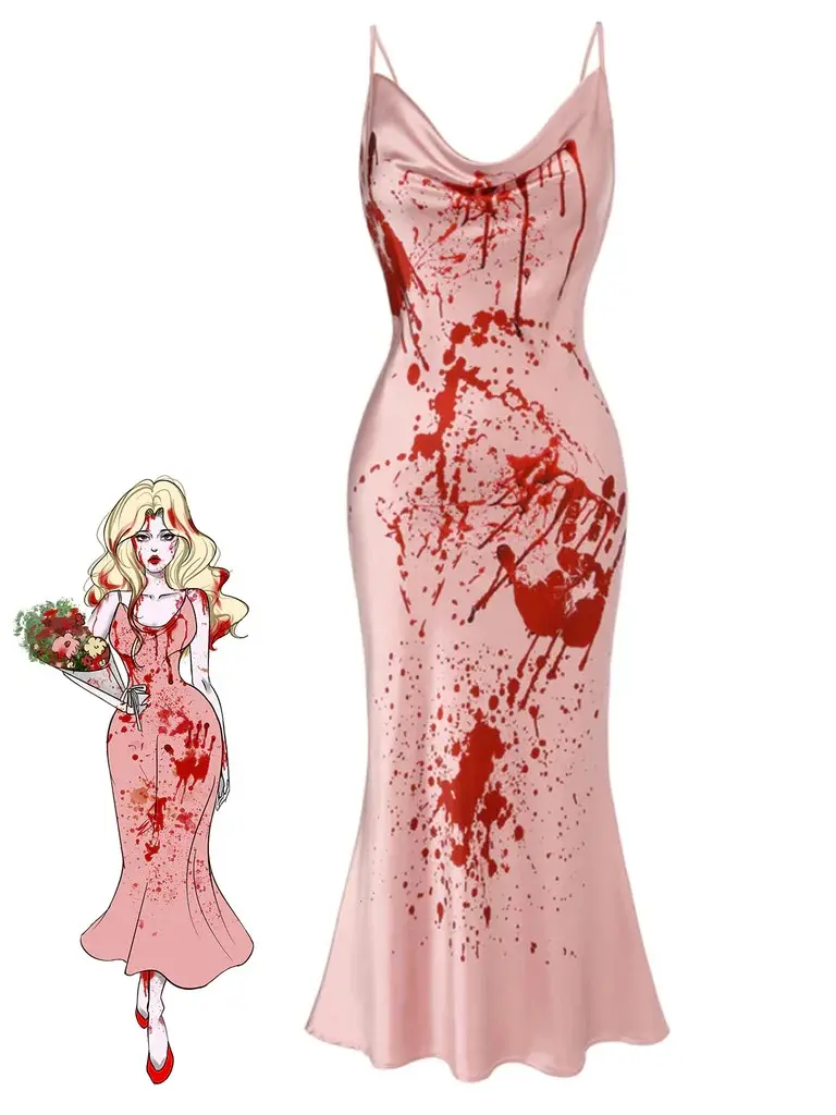 Women's 1930s Pink Kitschy Casual Carrie Print Halloween-Themed Blood Splatter Fishtail Gown, Sleeveless Spaghetti Strap, Formal Fit, Polyester, Calf-Length, Medium Lady Casual Wear Dress Fit Womenswear BackToSchool