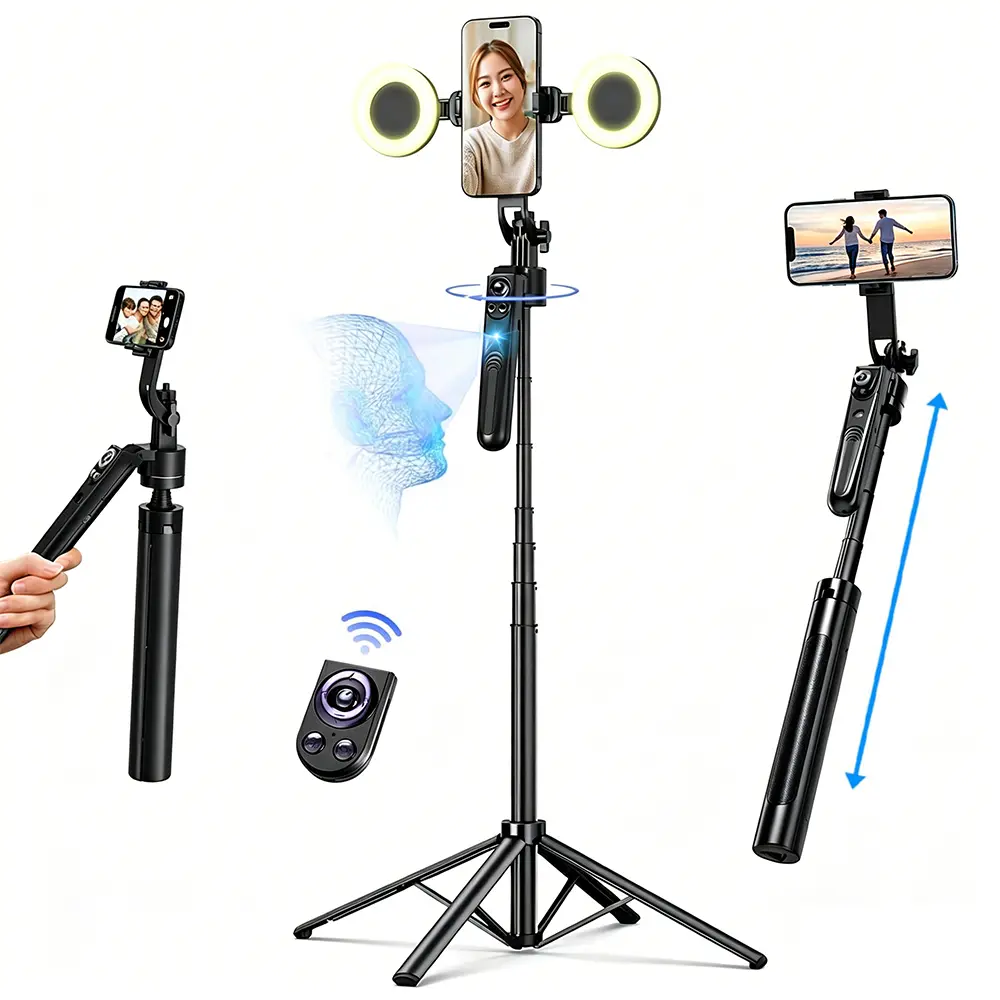 71" Auto Face Tracking Tripod with Light for Content Creators | No App Required | 360° Rotating Selfie Stick for TikTok & Vlogging |  Phone Stand with Rechargeable Remote Control | Phone Holder for Android Camera/GoPro/Ring,back to school